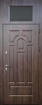 Стальная термодверь с остекленной верхней вставкой и отделкой влагостойкими коричневыми плитами МДФ Стальная термодверь с остекленной верхней вставкой и отделкой влагостойкими коричневыми плитами МДФ